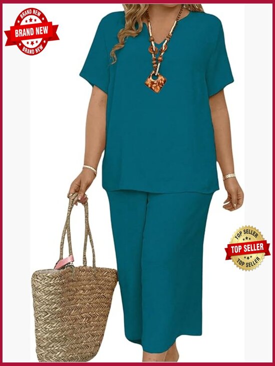 Pants - Plus Size 2 Piece Summer Outfit V Neck Top and Capris Set